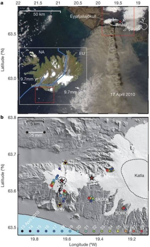 Figure 1 A) The location of Eyjafjallajökull and the south-east volcanic zone on Iceland. NA=North American plate, EU=European plate. Average annual plate velocities shown. Satellite image shows the ash plume on April 17th, 2010.